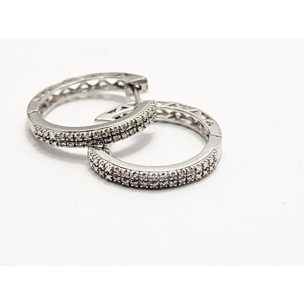Unique 10k Solid White Gold Designer Small Round Diamond Hinged Hoop Earrings